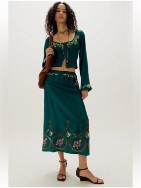 948. FREE PEOPLE Autumn Bloom Midi Skirt Set in Forest Combo Sz S NWT $228
